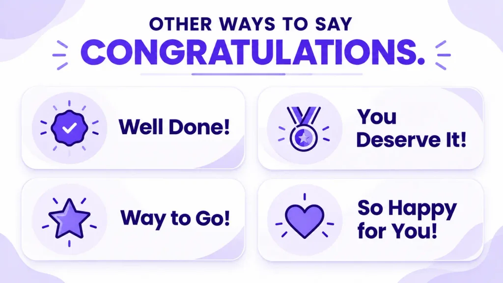 Infographic showing four alternatives to congratulations: Well Done, You Deserve It, Way to Go, and So Happy for You.