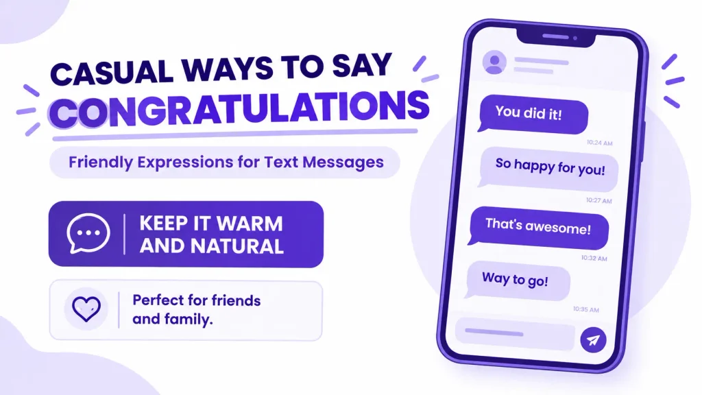 Casual congratulatory text message examples, including You Did It, So Happy for You, and That's Awesome.