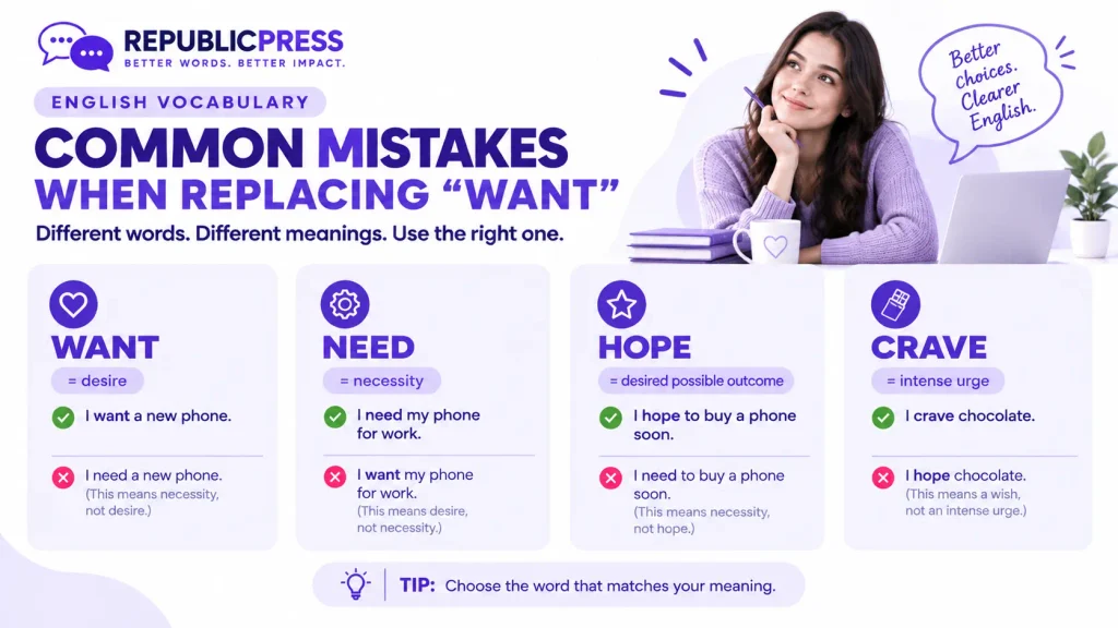 English word choice guide explaining the differences between want, need, hope, prefer, and crave.