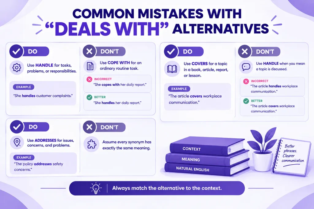 Common mistakes when using alternatives to deals with such as cope with, cover, and handle