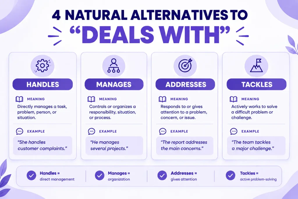 Difference between handles, manages, addresses, and tackles as alternatives to deals with