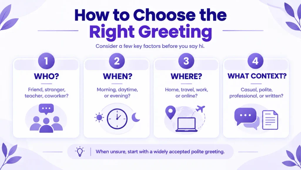 Guide to choosing the right greeting based on person, time, place, and context
