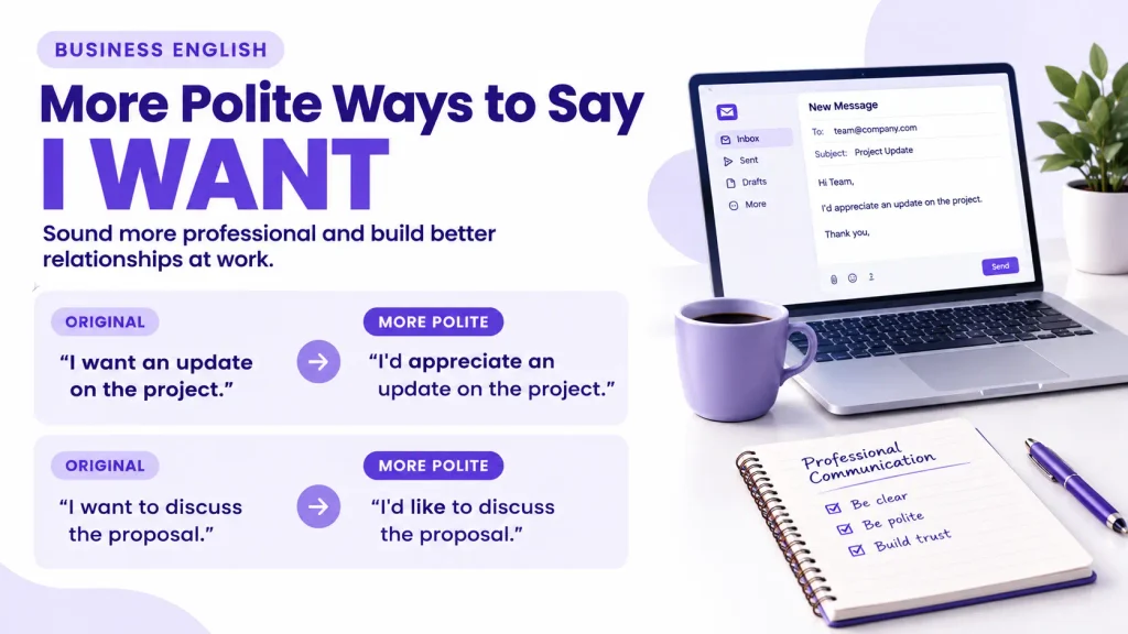 Professional email examples using I'd like and I'd appreciate instead of I want.