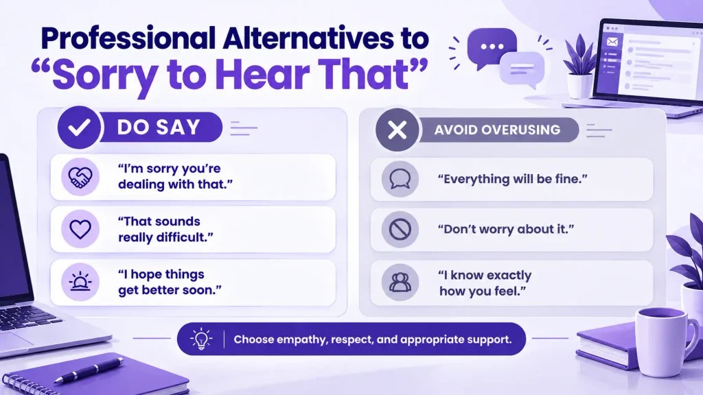 Professional alternatives to sorry to hear that for workplace communication