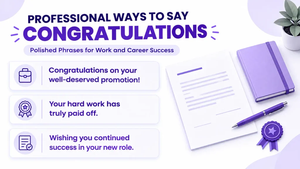 Professional congratulatory phrases for workplace promotions, project achievements, and career success.