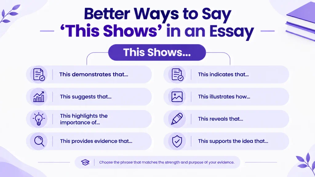 Academic alternatives to this shows including demonstrates, indicates, suggests, and illustrates
