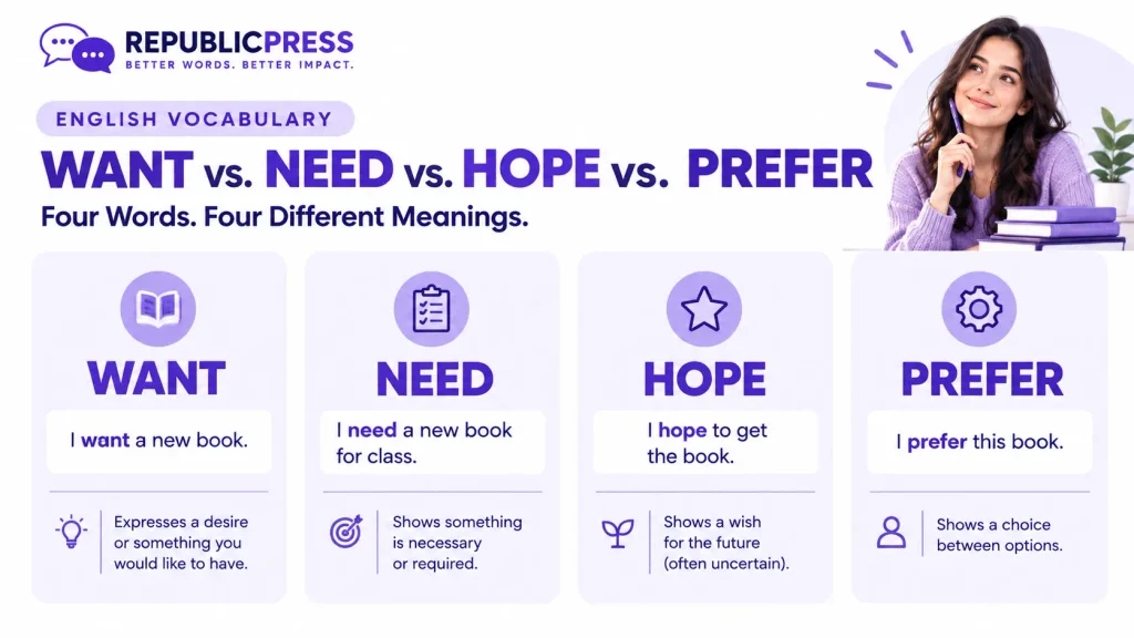 Comparison of want, need, hope, and prefer with simple English definitions and examples.